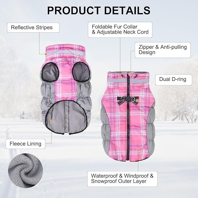 BEAUTYZOO Dog Winter Coat with Harness Built in, Reflective Plaid Puffer Vest Waterproof for X-Large Dogs, Fleece Warm Puppy Zipped Jacket with D Ring, Pet Cold Weather Sweater Clothes, Pink XL