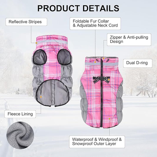 BEAUTYZOO Dog Winter Coat with Harness Built in, Reflective Plaid Puffer Vest Waterproof for Small Dogs, Fleece Warm Puppy Zipped Jacket with D Ring, Pet Cold Weather Sweater Clothes, Pink S