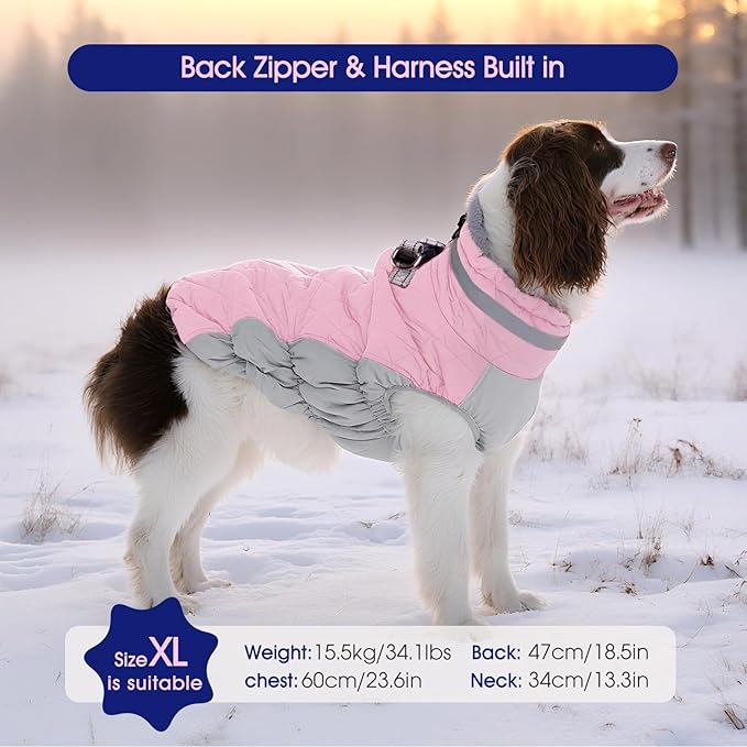 FUAMEY Dog Coat for Small Dogs,Waterproof Dog Winter Jacket with Harness Built in Puppy Cold Weather Coats Reflective Pet Vest with Zipper Warm Fleece Dogs Snowsuit Windproof Pink S