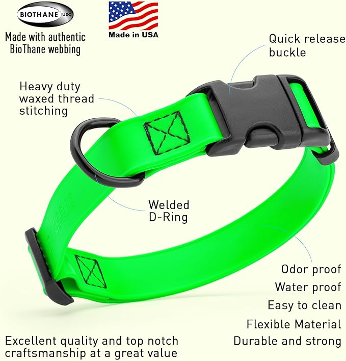Dogline Durable Biothane Waterproof Collar for Dogs - Odor-Resistant Coated Webbing, Quick-Release Design, Comfortable Adjustable Fit, 1" W by 15-25" L, Tropical Green