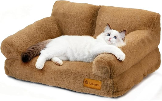 Cat Couch Bed - Cat Bed for Indoor Cats, Calming Pet Sofa Puppy Sleeping Bed with Removable Washable Cover, Cute Dog Couch and Kitty Lounge Chair for 12lbs Cats & Small Dogs(Brown)