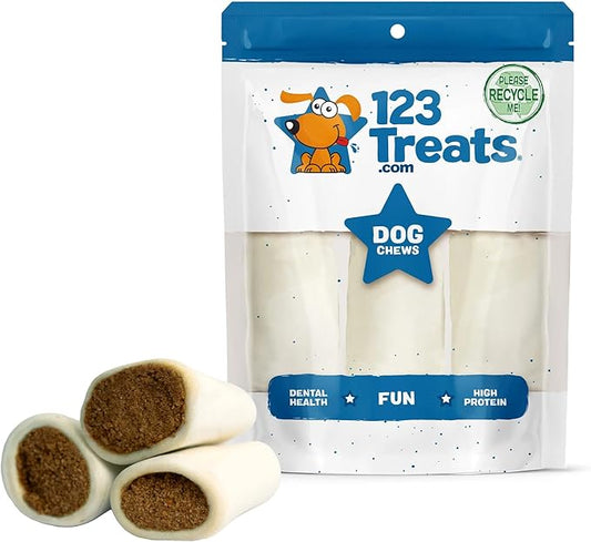 123 Treats, Filled Dog Bones for Large Dogs, Stuffed Peanut Butter Shin for Dogs (5 to 6" Beef Bones - 4 Count) Long Lasting Dog Chews