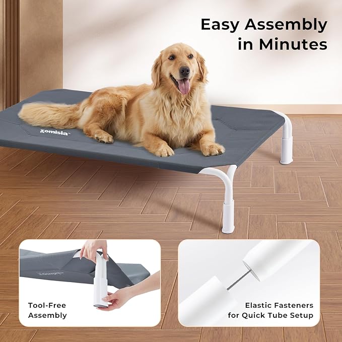Elevated Dog Cot Bed Tool-Free Assembly - Outdoor Raised Dog Cooling Bed Frame for Large Pets, Summer Pet Hammock Off Ground with Non-Slip Feet & Waterproof Teslin Mesh, 43x30 Inch