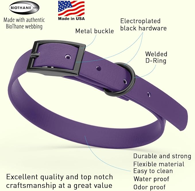 Dogline Biothane Coated Webbing Dog Collar with Black Metal Hardware: Durable Easy-Clean Everyday Collar for Dogs - Comfortable Adjustable Odor-Resistant Pet Collar, W5/8" x L12-15, Violet Purple