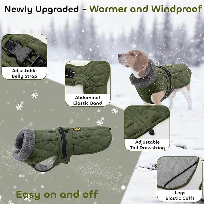 Dog Winter Jacket, Adjustable Water-Resistant Dog Warm Coat with Fleece Lining, Windproof Cold Weather Coats for Winter, Reflective Snow Jacket for Labrador Golden Retriever, NewGreen XL