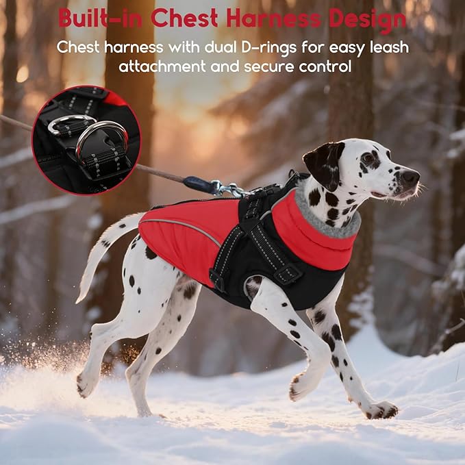 ASENKU Reflective Dog Coat with Built-in Harness, Windproof Fleece-Lined Dog Jacket for Small, Medium, Large Dogs, Warm Winter Vest with Turtleneck & Zipper (Red XL)
