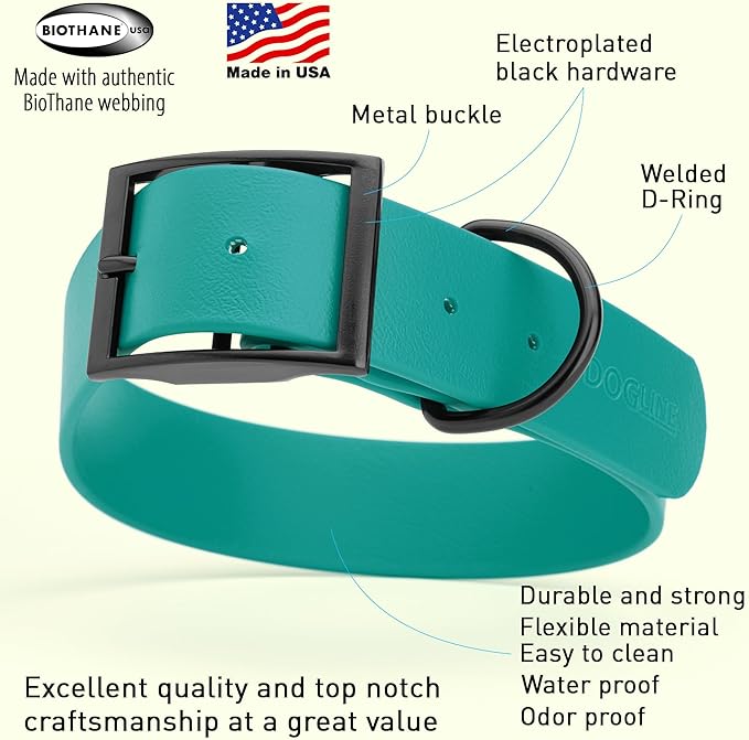 Dogline Biothane Coated Webbing Dog Collar with Black Metal Hardware: Durable Easy-Clean Everyday Collar for Dogs - Comfortable Adjustable Odor-Resistant Pet Collar, W1.5 x L20-24", Blue Aqua