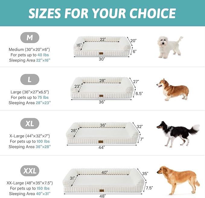 Cute Dog Bed for Large Dogs, Faux Fur Orthopedic Foam Dog Bed with Sides, Removable Washable Cover & Waterproof Lining, Comfortable Pet Couch, Cream (44" L x 32" W x 7" Th)