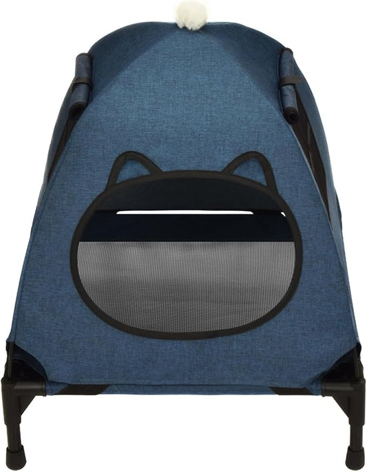 Pozico Elevated Pet Bed with Breathable Mesh for Small Cat and Dog, Raised Cooling Pet Cot for Puppy and Kitty, 18.9x18.9 inch (Navy Blue Bed with Canopy)