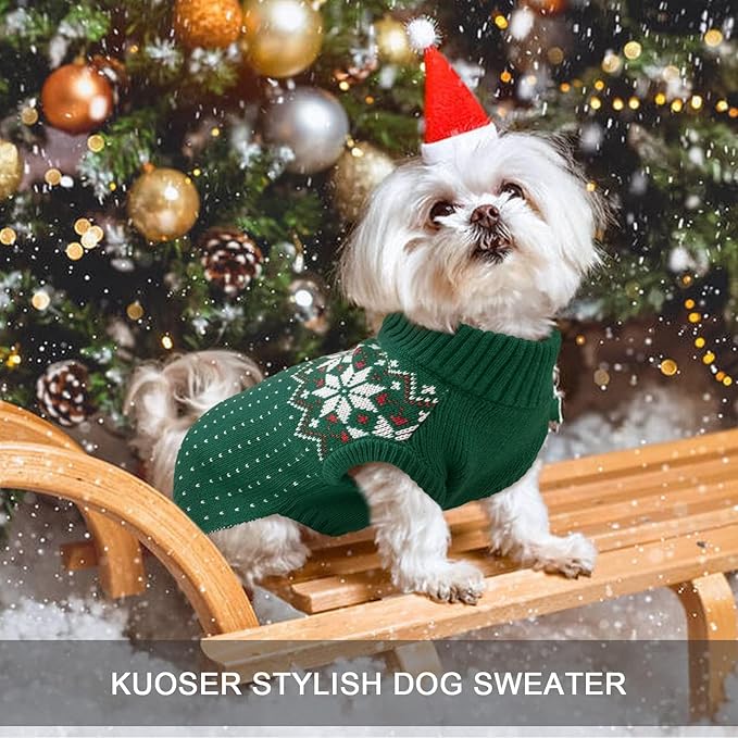 Kuoser Dog Christmas Sweater, Soft Warm Xmas Sweaters for Small Medium Large Dogs Boy Girl, Comfortable Dog Sweater with Leash Hole Snowflake Puppy Knit Outfit for Holiday Winter Fall, Green S