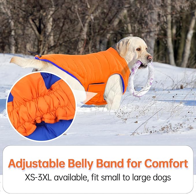 Lelepet Reversible Dog Coat Waterproof Dog Jacket Windproof Puffer Vest for Winter Warm Lightweight Coats for Small Dogs Adjustbale Hook & Loop Pet Apparel with Leash Hole, Shih Tzu, Orange, S