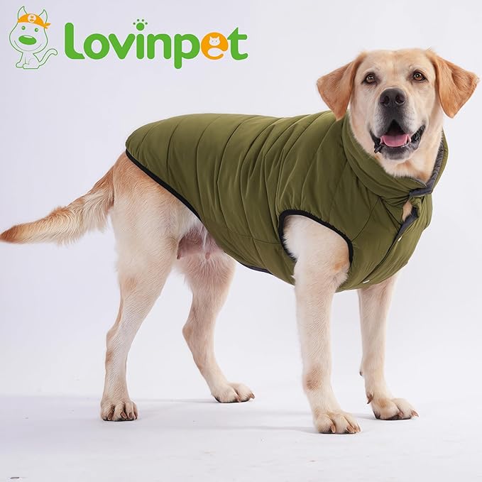 LovinPet Reversible Dog Puffer Coat for Medium & Large Dogs, Down‑Insulated Winter Jacket, Water‑Resistant & Wind‑Resistant, Anti‑Static, Dual-Sided Dark Green & Grey for Cold Weather,2XL