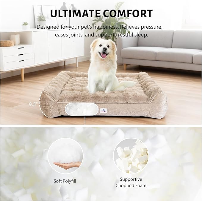 Orthopedic Dog Bed for Large Dogs - 42" Faux Fur Pet Couch with Removable Washable Cover, Nonskid Bottom, Supportive Foam, Comfortable Dog Sofa Bed for Medium Large Dogs, Taupe