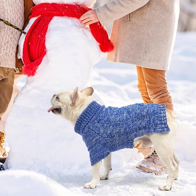 KOOLTAIL Dog Sweater for Large Medium Small Dogs, Fall Dog Sweaters, Turtleneck Cable Knitwear Pet Cold Weather Coats with Leash Hole, Warm Winter Pullover Clothes for Bulldog, Yorkie,Boy Girl, Blue L