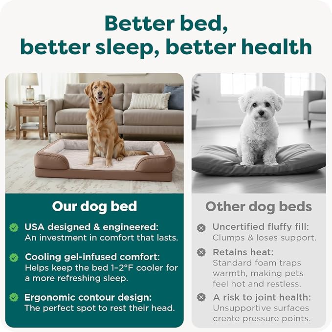 FurHaven Cooling Gel Dog Bed for Large Dogs, Perfect Comfort Sofa Bed, Cool Gel-Top Foam & Solid Orthopedic Foam Base for Joint Support, Removable Washable Cover, Jumbo/XL, Plush & Velvet, Brownstone