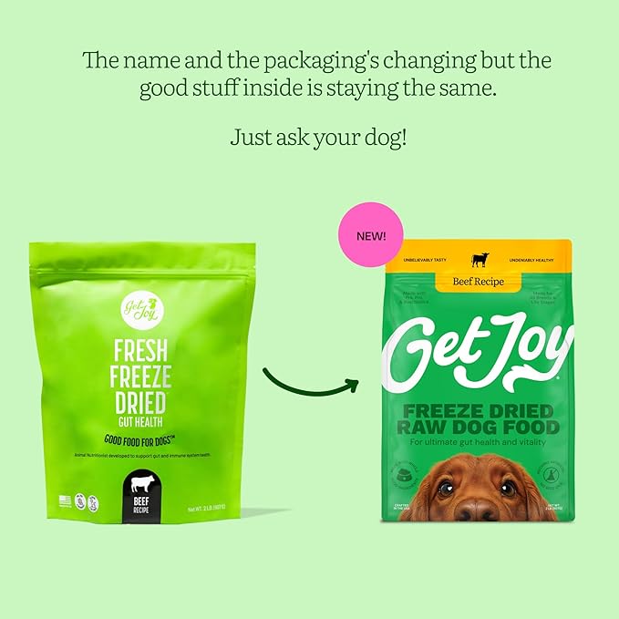 Get Joy Freeze Dried Raw Beef Meal, High Protein Grain Free, Dry Dog Food Meal Mixer and Topper, with Probiotics for Gut Health, Made with 100% USDA Organ Meat, for All Breeds and Ages, 16oz Bag