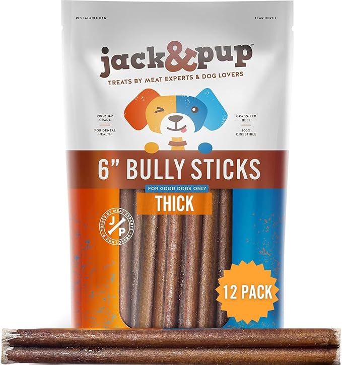 Jack&Pup 6-inch Premium Odor Free Bully Sticks Dog Treats – 6” All Natural Gourmet Dog Treat Chews – Fresh and Savory Beef Flavor – 30% Longer Lasting (6-Inch Thick Bully Sticks -12 Pack)