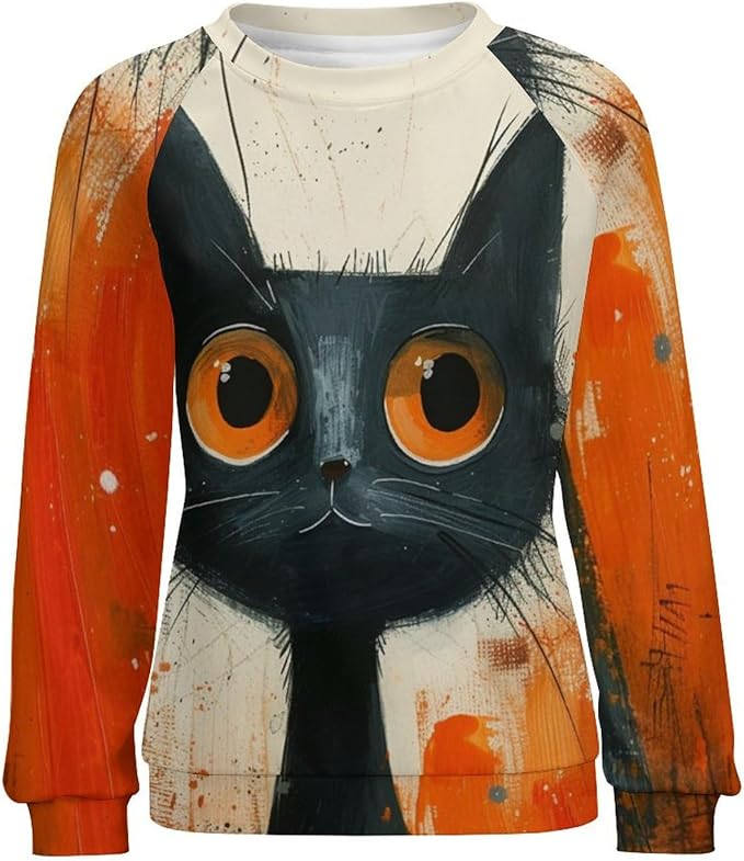 Biacolum Long Sleeve Shirts for Women Mid Century Retro Style Atomic Cat 3D Graphic Sweatshirts Fall Crewneck Pullover Top