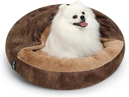 Cozy Soft Dog Bed with Hooded Blanket Warm Calming Cat Cave for Small Medium Dogs and Cats, Non-Slip Bottom & Machine Washable Pet Beds, Chocolate Brown 26x26x7″