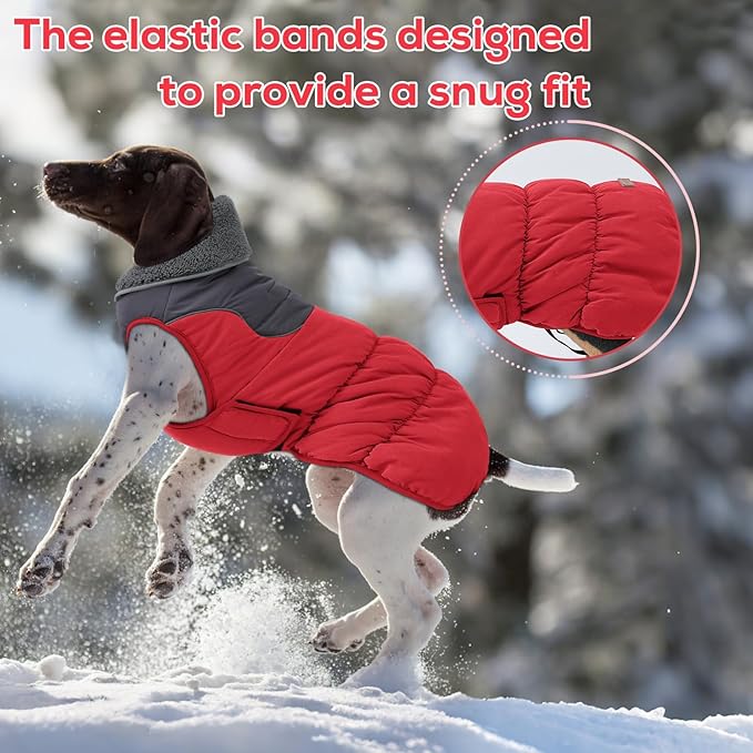 EMUST Dog Coats for Large Dogs, Reflective Warm Pet Fleece Jacket Snowsuit for Cold Weather with Furry Collar, Windproof Warm Fleece Dog Puffer Jacket, Red L