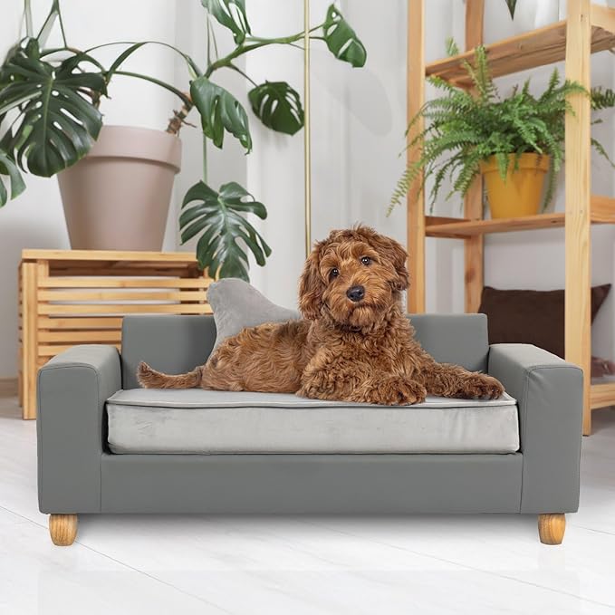 CRITTER SITTERS 43” Faux Leather Ped Bed in Dark Grey, Durable Washable Sofa Couch for Large Cats & Dogs, Must Have Essential Furniture Accessory for Kittens & Puppies