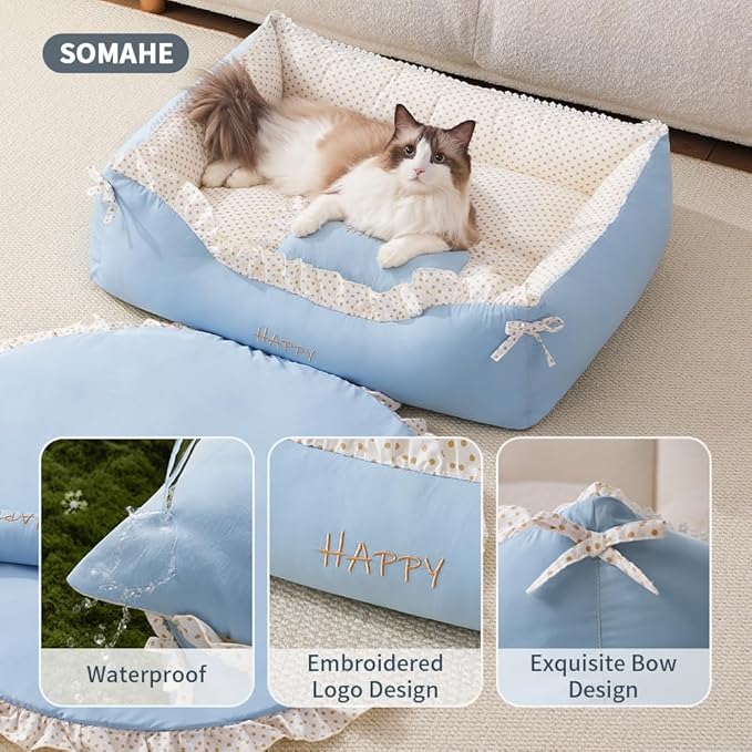 Cat Bed Rectangle Pet Bed Gift for Puppy and Kitten Machine Washable Calming Fluffy Pet Couch Sofa for Indoor Outdoor Portable Soft Cat Beds with Non-Slip Bottom 24×18×9inch Blue