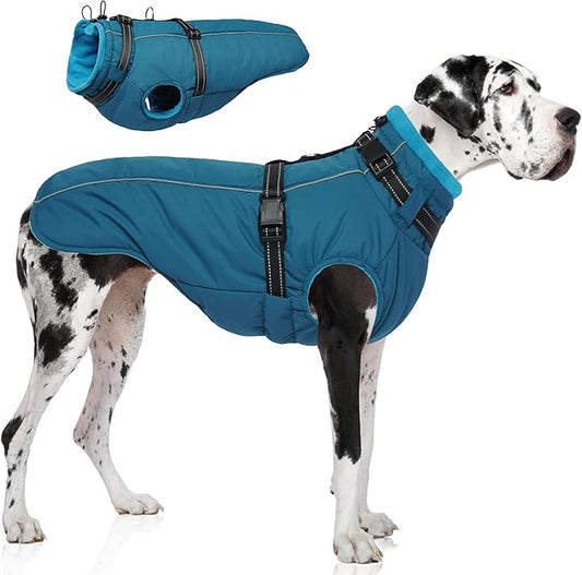 PUMYPOREITY Snow Jacket for Large Dogs Waterproof, Warm Dog Winter Coat with Harness Built in, Fleece Jacket with Back Zipper, Cold Weather Coats for Outdoor, Windproof Pet Snowsuit, Blue, 3XL