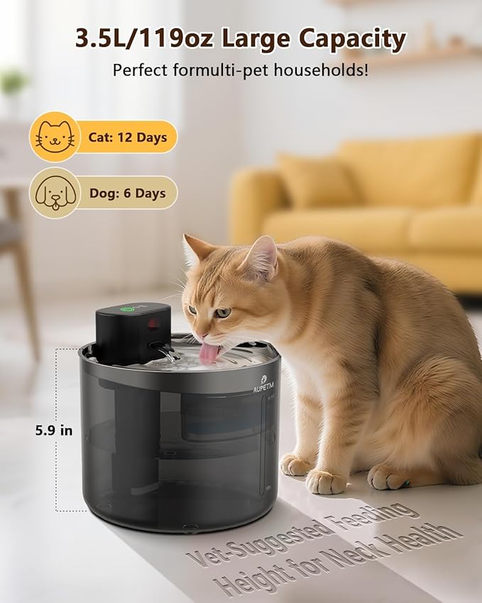 Cat Water Fountain Wireless Pet Fountain with Stainless Steel Tray, 45+ Day Battery, Motion Sensor & Timer, Cat/Dog Water Bowl Dispenser, Ultra Quiet 6-Stage Filtration (Round)
