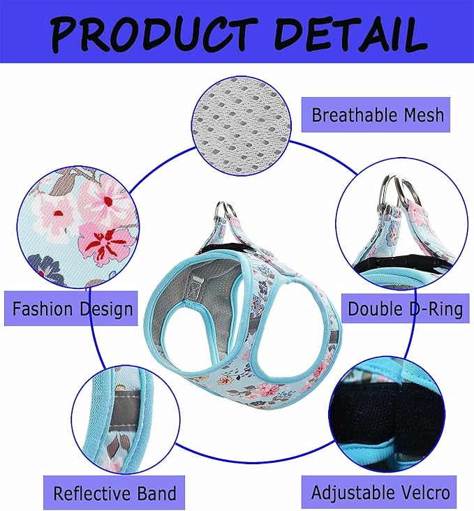 Moonpet Step in Dog Harness Leash Set- All Weather Reflective No-Pull Floral Pattern Padded Mesh Vest Harness for Cats Puppy Extra-Small Small Medium Large Dogs - Bell Orchid - XL