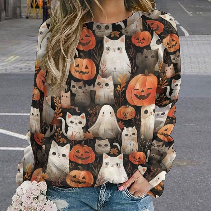 Womens novelty funny cat printed crewneck sweatshirt casual loose long sleeve graphic pullover sweatshirts tops