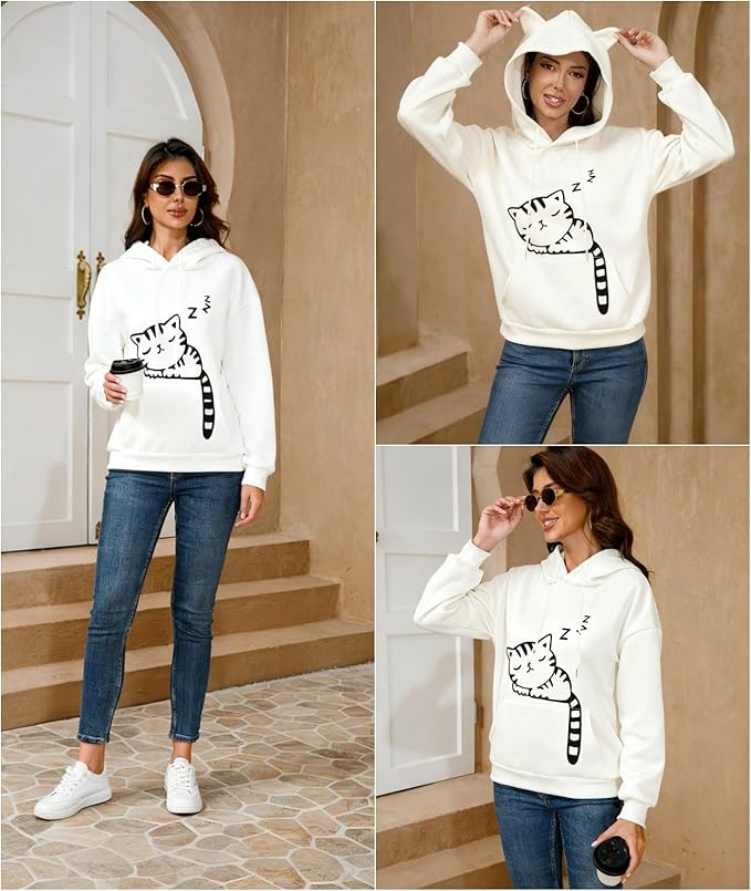 Women Girl Hoodies Cute Cat Ear Novelty Printed Pullover Sweatshirt