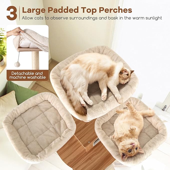 Tangkula Tall Cat Tree, 68 Inch Modern Wood Cat Tower with Sisal Scratching Posts, 3 Padded Perches, Condo, 2-in-1 Ladder, Dangling Balls, Washable Cushions for Indoor Cats Large Adult (Natural)