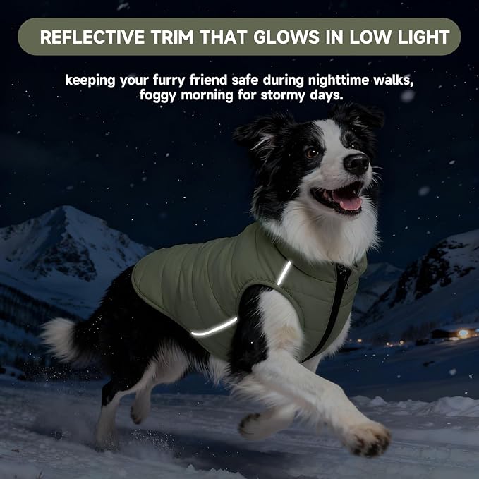 Dog Winter Coat - Waterproof Cold Weather Coat with Thick Padding, Windproof Dog's Snow Jacket with Neck & Tail Drawstrings, Reflective Puppy Jacket - Dog Coats, Olive Green XXL