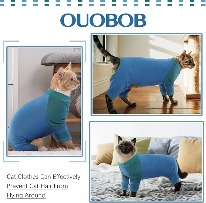 Sticky Hair Cat Clothes, Prevent Hair Loss Cats Pajamas, Turtleneck Cat Sweaters for Cats Only, Kitten Onesie Shirts Apparel Jumpsuit, Recovery Suit After Surgery, Blue L