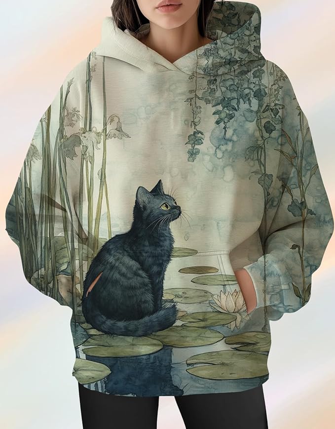 Womens Cat Print Hoodies Trendy Funny Cat Graphic Long Sleeve Sweatshirt Y2k Streetwear Hooded Pullover Tops