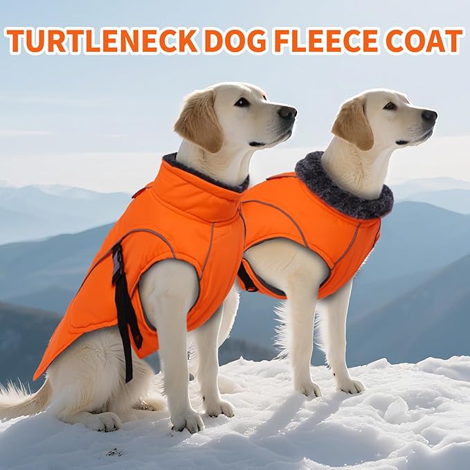 DENTRUN Winter Warm Dog Coat Reflective Jacket with Turtleneck for Cold Weather, Adjustable Buckle Windproof Water Repellent, Thick Snowsuit Fleece Vest for Small, Medium, Large Dogs, Orange, S