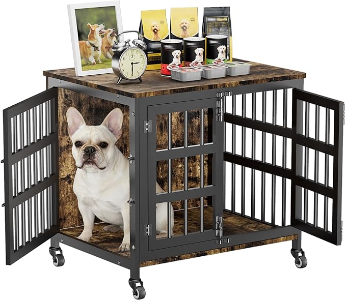 26" Dog Crate Furniture for Small Dogs, Heavy Duty Dog Cage for Small & Medium Dogs with Wheels, Indoor Puppy Crate, 26.6" L x 20.9" W x 23.8" H, Decorate House as TV Stand, End Table — Rustic Brown