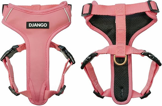 DJANGO Adventure Dog Harness - Stylish, and Durable Small Dog Harness for Outdoor Adventures and Everyday Wear - Quartz Pink Neoprene Adjustable Harness for Dogs with Reflective Piping, Brass D-Ring
