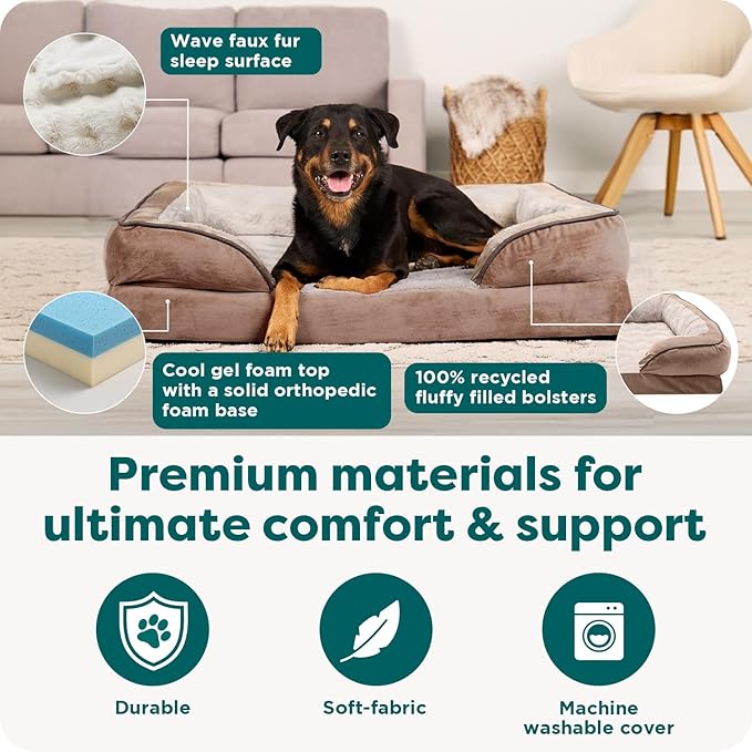 FurHaven Cooling Gel Dog Bed for Large Dogs, Perfect Comfort Sofa Bed, Cool Gel-Top Foam & Solid Orthopedic Foam Base for Joint Support, Removable Washable Cover, Jumbo/XL, Plush & Velvet, Brownstone