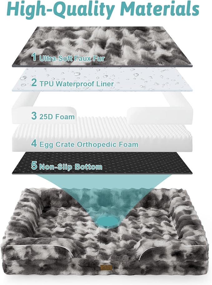 Orthopedic Dog Bed for Extra Large Dog, Faux Fur Giant Pet Sofa, Big Foam Bolster Couch with Waterproof Lining Cover, Soft, Warm, Washable, C-Shaped, XXL 48x35x8 inch, Tie-dye Grey