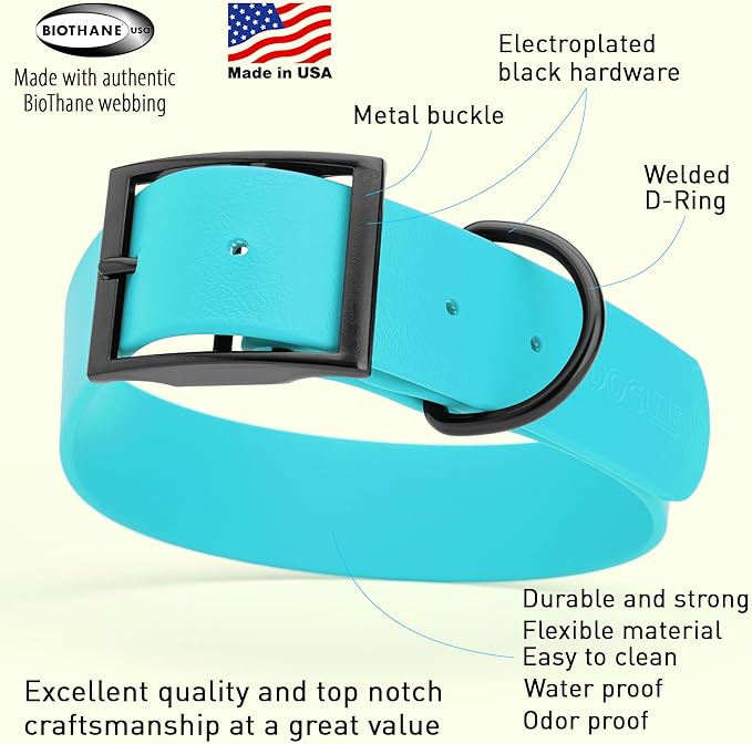Dogline Biothane Coated Webbing Dog Collar with Black Metal Hardware: Durable Easy-Clean Everyday Collar for Dogs - Comfortable Adjustable Odor-Resistant Pet Collar, W1.5 x L24-28", Sky Blue