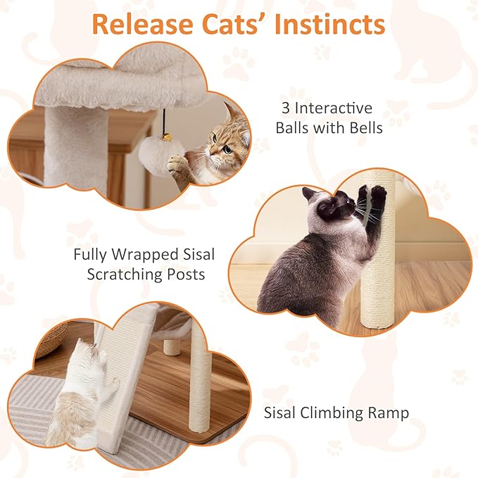 PETSITE 68-inch Modern Tall Cat Tree for Indoor Cats, Multi-Level Wooden Cat Tree Tower with Sisal Scratching Posts, 3 Top Perches, Cat Condo, Comfy Hammock, Sisal Ramp, and Jingling Balls
