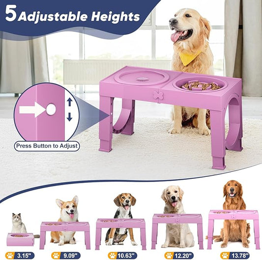 XIAZ Slow Feeder Dog Bowl Elevated Food and Water Bowl Stand for Large Medium Sized Dog, 4 Heights Adjustable, Non-Slip, Durable, Prevents Bloating & Improves Digestion for Dogs