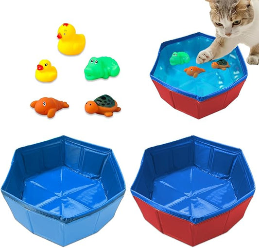 2 pcs Cat Pool Toys with 5 pcs Swimming Toys, VEINARDYL Foldable PVC Cat Splash Play Pool Water Mat Funny Interactive Cats Fish Toy Swimming Pool for Indoor Bored Cats to Self Play