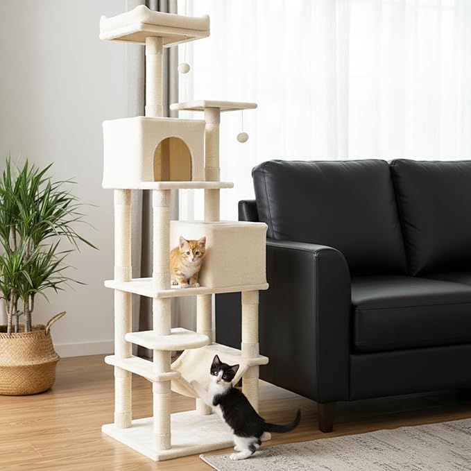 Tangkula Cat Tree for Indoor Cats, 75 Inch Extra Tall Cat Tower with Sisal Scratching Post, Padded Top Perch, Dual Condos, Hammock, 2 Dangling Balls, Platforms, Multi-Level Cat Climbing Furniture