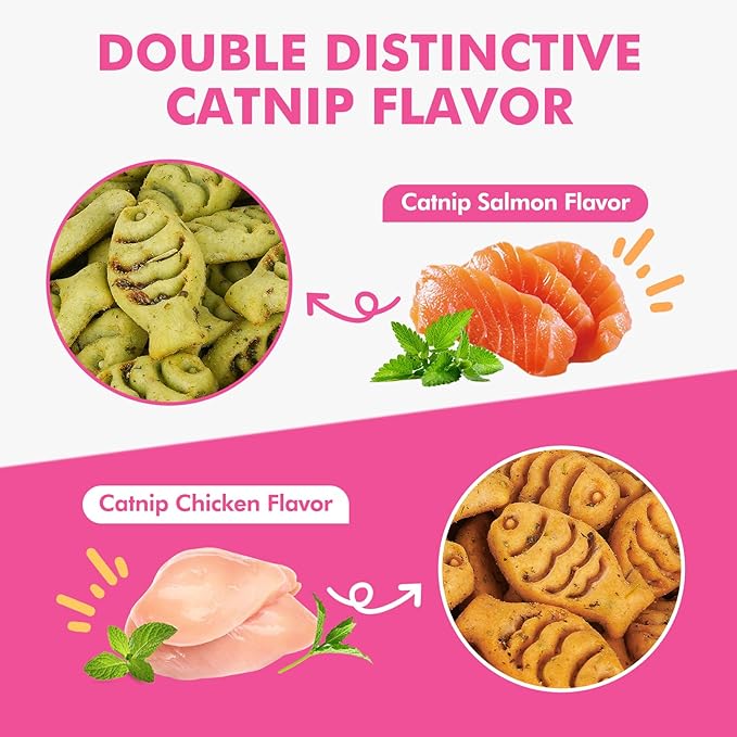 Puddonio Catnip Cat Treats, Chicken and Salmon Flavor Cat Snacks, Training Biscuits Treats for Cats, Crunchy Fish Shape Adult Cat Biscuits, 8 oz