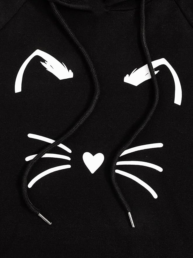 SweatyRocks Women's Long Sleeve Hoodie Crop Top Cat Print Sweatshirt