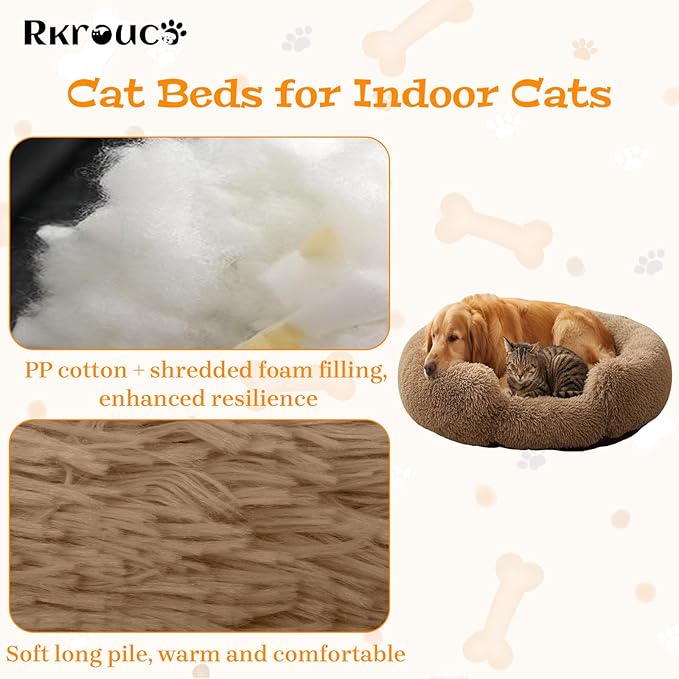 Fluffy Dog Bed Calming Donut Beds for Large Dogs Warming Round Small Medium Pet Nest Cozy Cat Mattress Indoor Washable Puppy Kennel Kittens Sleep Mat (XS, 20×20 inch, Light Brown)