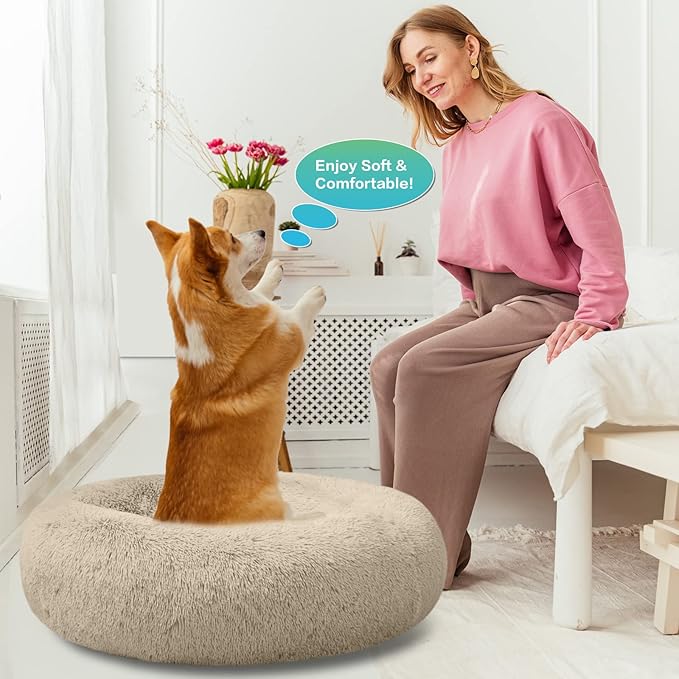SAVFOX Calming Dog Bed, Anti-Anxiety Donut Dog Bed, Plush Faux Fur, Large Size, 36"x36", 10" Thick, Durable Construction, Machine Washable