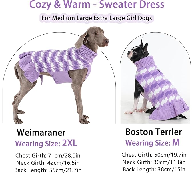 Dog Sweaters for Extra Large Dogs Girl, Dog Sweater Dress with Leash Hole, Thick Turtleneck Knitwear for Female Dogs, Warm Fall Winter Dress for Cold Weather, Holiday - Purple XXXXL